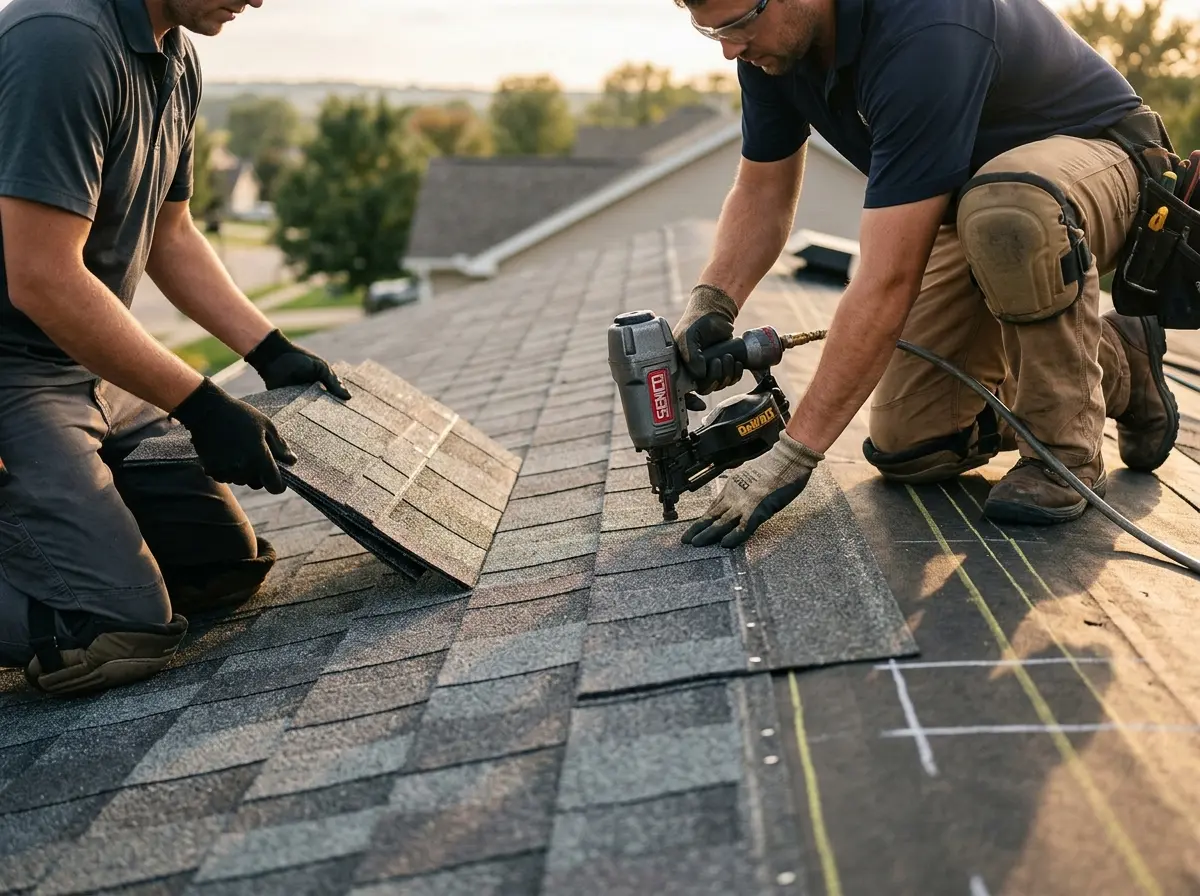 Professional roofer working on a residential roof in Pell City